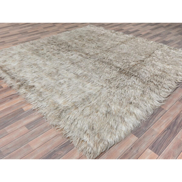 8'2"x8'2" Beige, Shaggy Moroccan Exotic Texture, Undyed Natural Wool Hand Knotted, Square Oriental Rug  - 82014 - Image 5