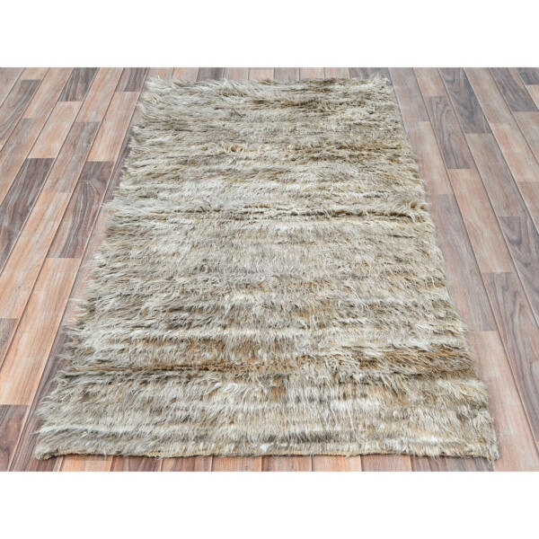 2'10"x5'5" Beige, Shaggy Moroccan Exotic Texture, Undyed Natural Wool Hand Knotted, Oriental Rug  - 82024 - Image 3