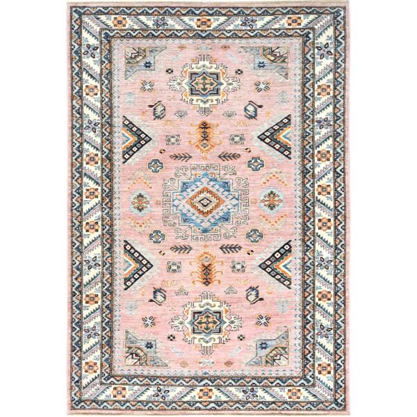 6'x8'10" Flamingo Pink, Afghan Super Kazak with Large Medallions, Natural Dyes Densely Woven, Soft Wool Hand Knotted, Oriental Rug  - 82282