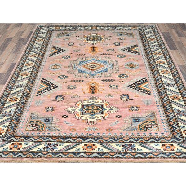 6'x8'10" Flamingo Pink, Afghan Super Kazak with Large Medallions, Natural Dyes Densely Woven, Soft Wool Hand Knotted, Oriental Rug  - 82282 - Image 4