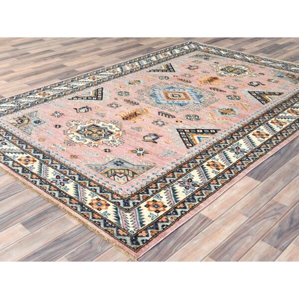 6'x8'10" Flamingo Pink, Afghan Super Kazak with Large Medallions, Natural Dyes Densely Woven, Soft Wool Hand Knotted, Oriental Rug  - 82282 - Image 5