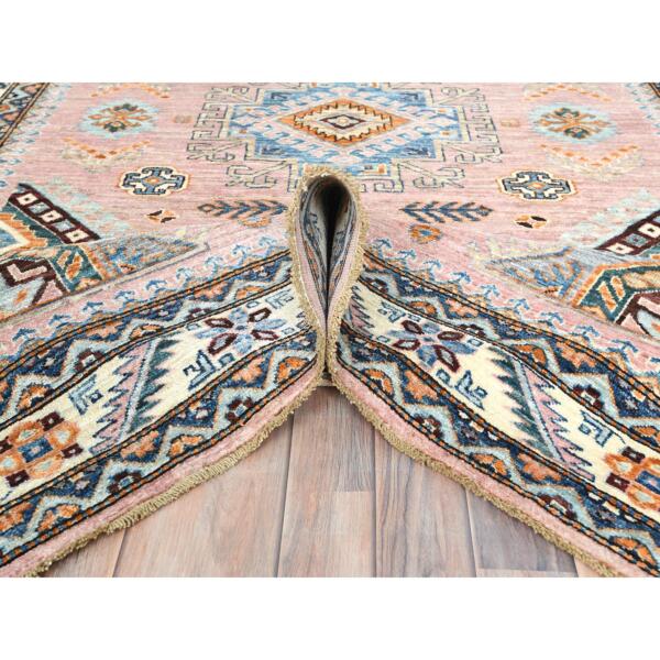 6'x8'10" Flamingo Pink, Afghan Super Kazak with Large Medallions, Natural Dyes Densely Woven, Soft Wool Hand Knotted, Oriental Rug  - 82282 - Image 7