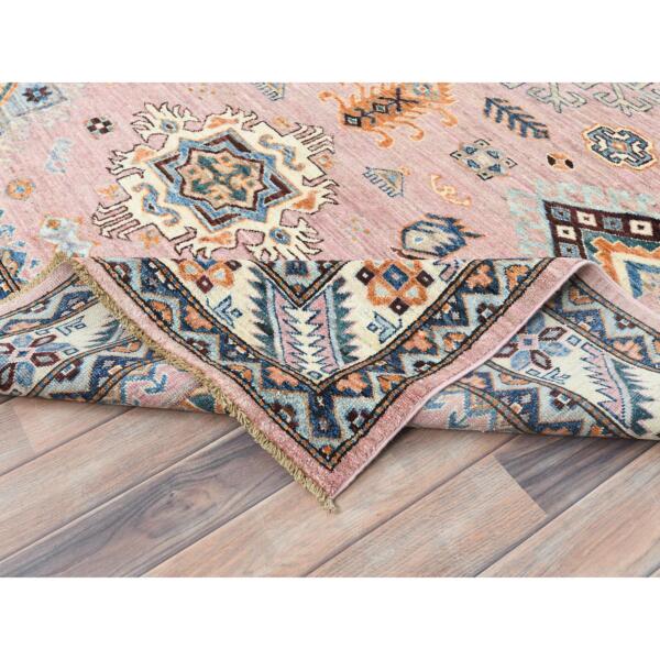 6'x8'10" Flamingo Pink, Afghan Super Kazak with Large Medallions, Natural Dyes Densely Woven, Soft Wool Hand Knotted, Oriental Rug  - 82282 - Image 8