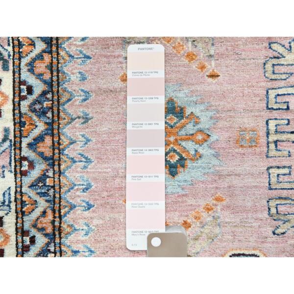 6'x8'10" Flamingo Pink, Afghan Super Kazak with Large Medallions, Natural Dyes Densely Woven, Soft Wool Hand Knotted, Oriental Rug  - 82282 - Image 9