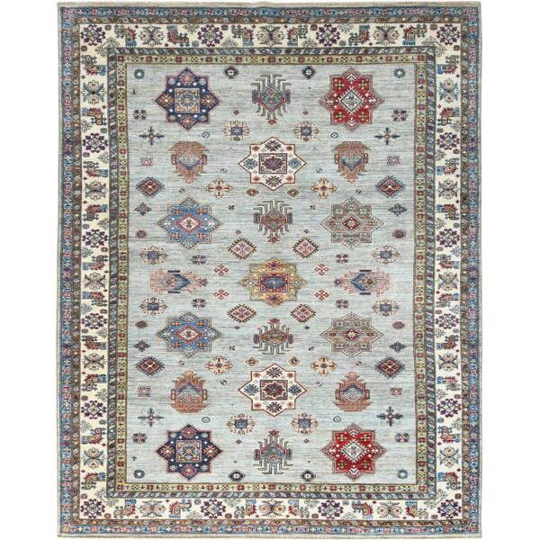 7'10"x9'10" Silver Blue, Afghan Super Kazak with Geometric Medallions, Vegetable Dyes Dense Weave, Natural Wool Hand Knotted, Oriental Rug  - 82305