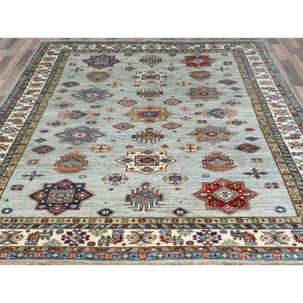 7'10"x9'10" Silver Blue, Afghan Super Kazak with Geometric Medallions, Vegetable Dyes Dense Weave, Natural Wool Hand Knotted, Oriental Rug  - 82305 - Image 4