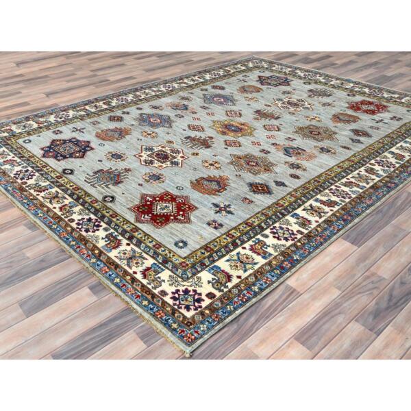 7'10"x9'10" Silver Blue, Afghan Super Kazak with Geometric Medallions, Vegetable Dyes Dense Weave, Natural Wool Hand Knotted, Oriental Rug  - 82305 - Image 5