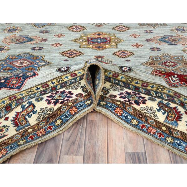 7'10"x9'10" Silver Blue, Afghan Super Kazak with Geometric Medallions, Vegetable Dyes Dense Weave, Natural Wool Hand Knotted, Oriental Rug  - 82305 - Image 7