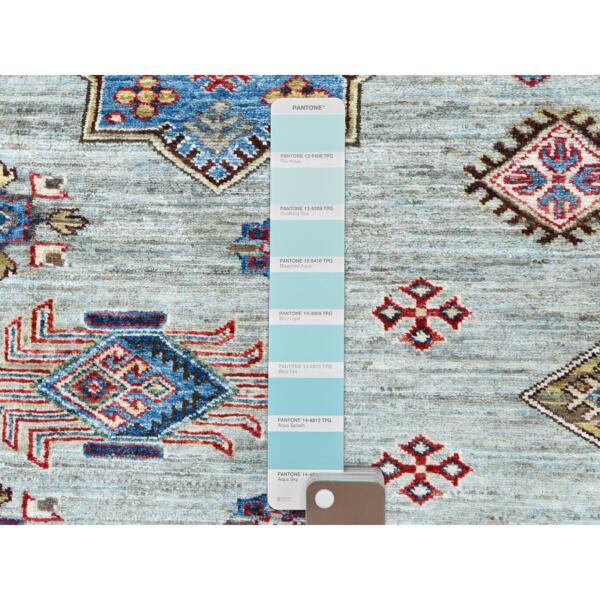 7'10"x9'10" Silver Blue, Afghan Super Kazak with Geometric Medallions, Vegetable Dyes Dense Weave, Natural Wool Hand Knotted, Oriental Rug  - 82305 - Image 9