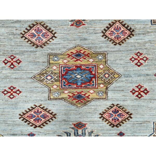 7'10"x9'10" Silver Blue, Afghan Super Kazak with Geometric Medallions, Vegetable Dyes Dense Weave, Natural Wool Hand Knotted, Oriental Rug  - 82305 - Image 10