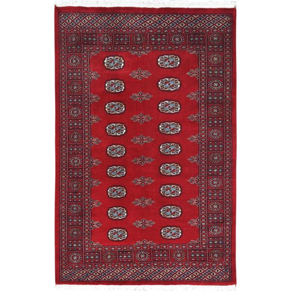 4'x6'2" Deep and Rich Red, Mori Bokara with Geometric Medallions Design, Pure Wool Hand Knotted, Oriental Rug  - 82416