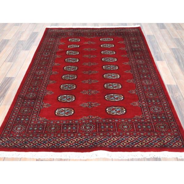 4'x6'2" Deep and Rich Red, Mori Bokara with Geometric Medallions Design, Pure Wool Hand Knotted, Oriental Rug  - 82416 - Image 3