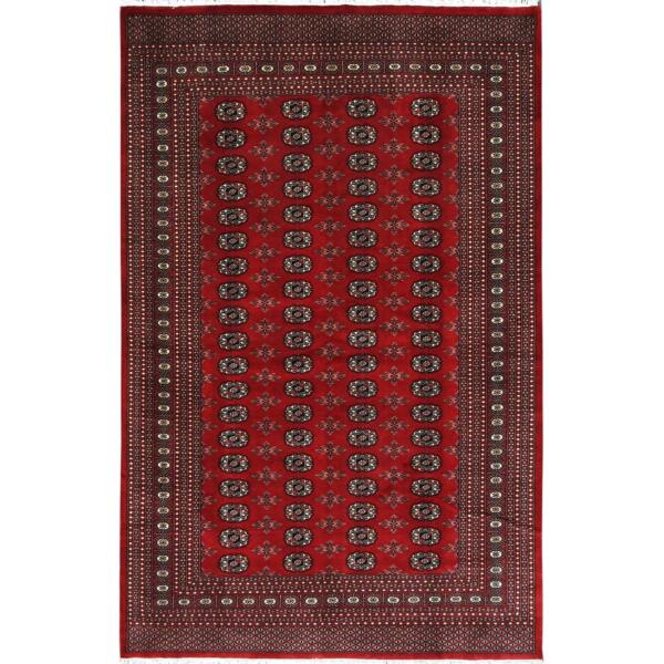 6'x9'3" Deep and Rich Red, Hand Knotted Super Bokara with Geometric Medallions 250 KPSI, Silky Wool, Oriental Rug  - 82494