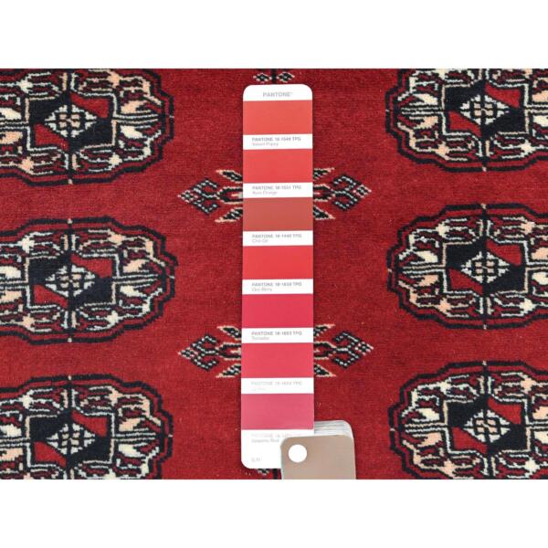 6'x9'3" Deep and Rich Red, Hand Knotted Super Bokara with Geometric Medallions 250 KPSI, Silky Wool, Oriental Rug  - 82494 - Image 9