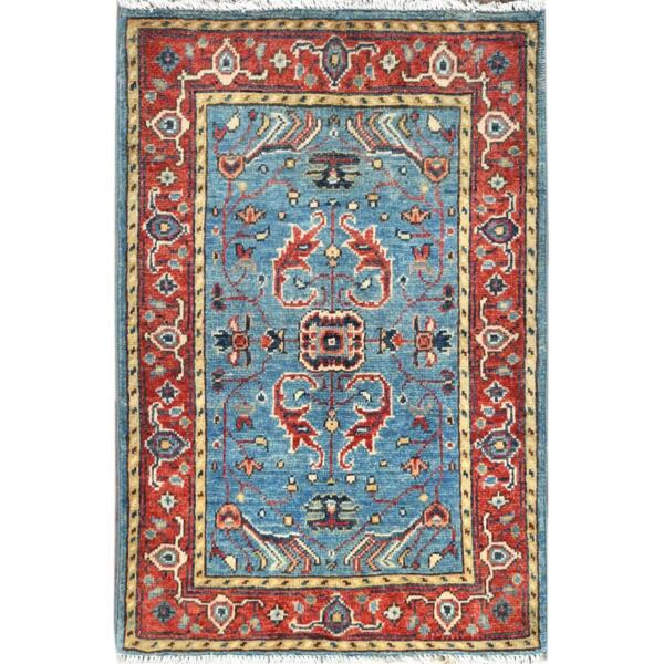 2'x2'10" Denim Blue, Afghan Peshawar with Serapi Heriz Design, Vegetable Dyes Dense Weave, Extra Soft Wool Hand Knotted, Mat Oriental Rug  - 82523