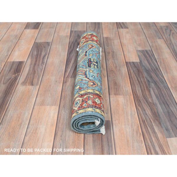 2'x2'10" Denim Blue, Afghan Peshawar with Serapi Heriz Design, Vegetable Dyes Dense Weave, Extra Soft Wool Hand Knotted, Mat Oriental Rug  - 82523 - Image 6