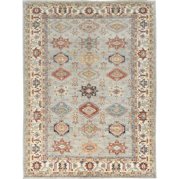 9'x12' Light Gray, Soft Wool Hand Knotted, Afghan Super Kazak with Geometric Medallions, Natural Dyes Densely Woven, Oriental Rug  - 82532