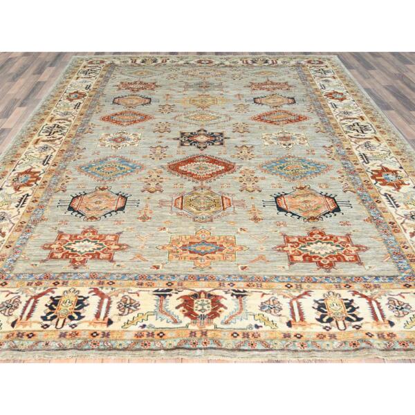 9'x12' Light Gray, Soft Wool Hand Knotted, Afghan Super Kazak with Geometric Medallions, Natural Dyes Densely Woven, Oriental Rug  - 82532 - Image 4