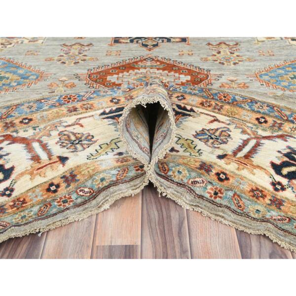 9'x12' Light Gray, Soft Wool Hand Knotted, Afghan Super Kazak with Geometric Medallions, Natural Dyes Densely Woven, Oriental Rug  - 82532 - Image 7