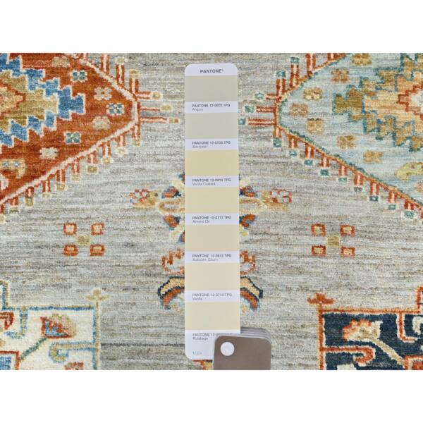 9'x12' Light Gray, Soft Wool Hand Knotted, Afghan Super Kazak with Geometric Medallions, Natural Dyes Densely Woven, Oriental Rug  - 82532 - Image 9