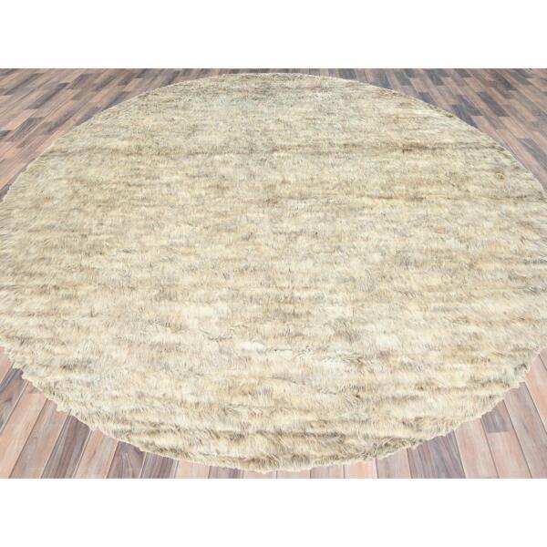 13'6"x13'6" Beige, Shaggy Moroccan Exotic Texture, Undyed Natural Wool Hand Knotted, Round Oriental Rug  - 82563 - Image 4