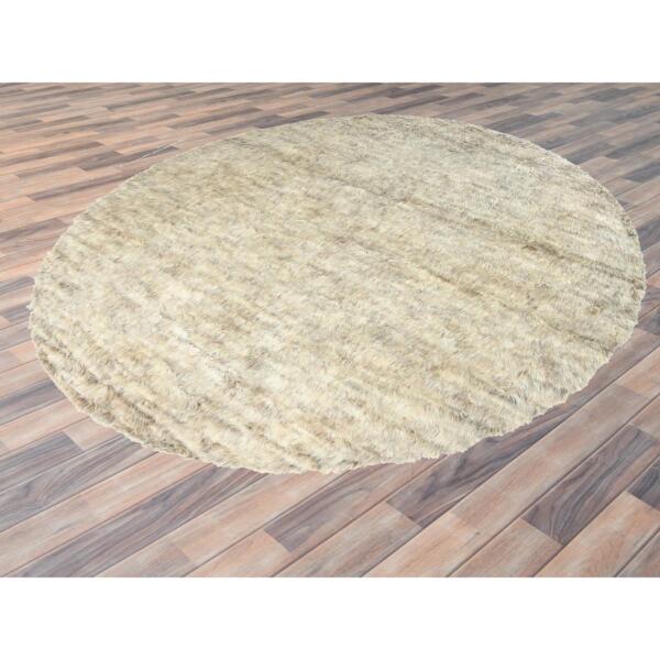 13'6"x13'6" Beige, Shaggy Moroccan Exotic Texture, Undyed Natural Wool Hand Knotted, Round Oriental Rug  - 82563 - Image 5