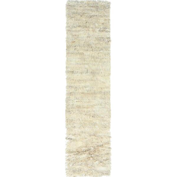 2'7"x10'1" Beige, Shaggy Moroccan Exotic Texture, Undyed Natural Wool Hand Knotted, Runner Oriental Rug  - 82573