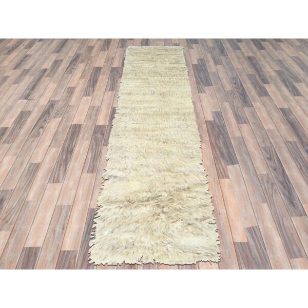 2'7"x10'1" Beige, Shaggy Moroccan Exotic Texture, Undyed Natural Wool Hand Knotted, Runner Oriental Rug  - 82573 - Image 3