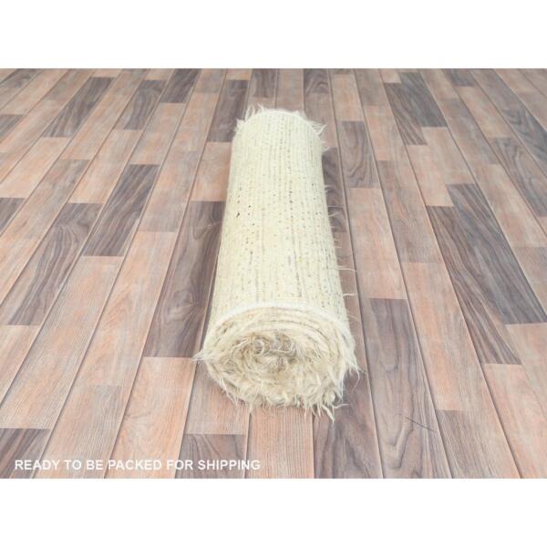 2'7"x10'1" Beige, Shaggy Moroccan Exotic Texture, Undyed Natural Wool Hand Knotted, Runner Oriental Rug  - 82573 - Image 6