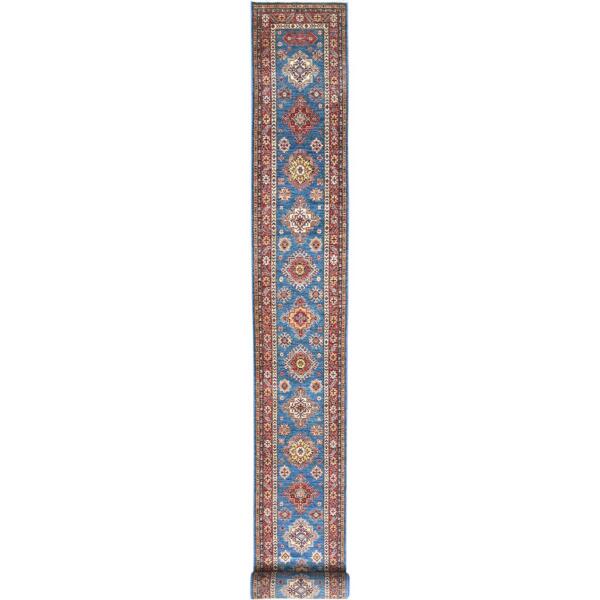 2'8"x34' Denim Blue, Vegetable Dyes Dense Weave, Organic Wool Hand Knotted, Afghan Super Kazak with Large Medallions, XL Runner Oriental Rug  - 82579