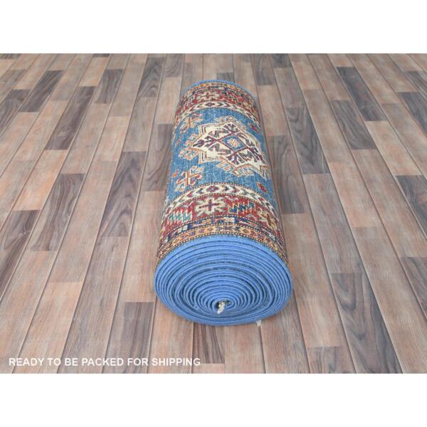 2'8"x34' Denim Blue, Vegetable Dyes Dense Weave, Organic Wool Hand Knotted, Afghan Super Kazak with Large Medallions, XL Runner Oriental Rug  - 82579 - Image 6