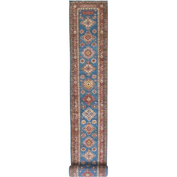 2'8"x40'8" Denim Blue, Hand Knotted Afghan Super Kazak with Large Medallions Design, Vegetable Dyes Dense Weave, Organic Wool, XL Runner Oriental Rug  - 82599