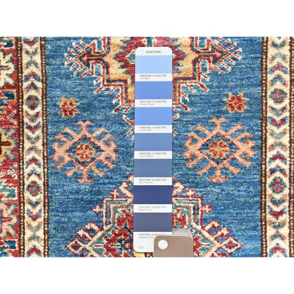 2'8"x40'8" Denim Blue, Hand Knotted Afghan Super Kazak with Large Medallions Design, Vegetable Dyes Dense Weave, Organic Wool, XL Runner Oriental Rug  - 82599 - Image 5