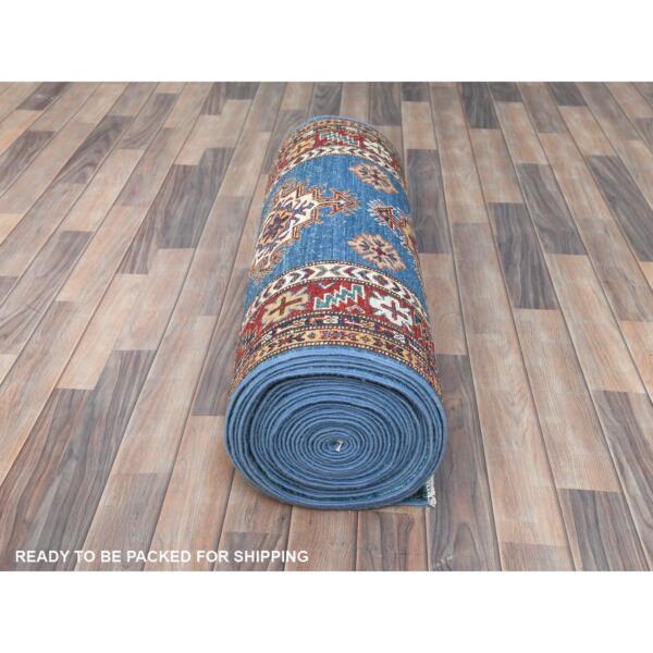 2'8"x40'8" Denim Blue, Hand Knotted Afghan Super Kazak with Large Medallions Design, Vegetable Dyes Dense Weave, Organic Wool, XL Runner Oriental Rug  - 82599 - Image 6