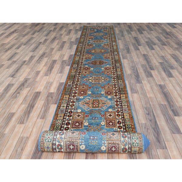 3'x24'5" Denim Blue, Natural Dyes Densely Woven, Pure Wool Hand Knotted, Afghan Super Kazak with Serrated Medallions, XL Runner Oriental Rug  - 82606 - Image 3