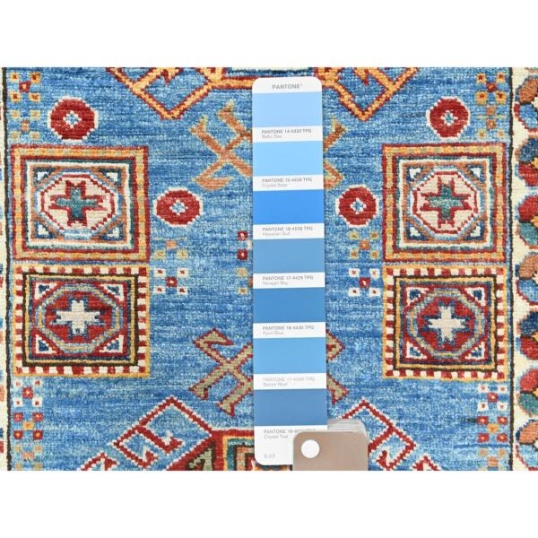 3'x24'5" Denim Blue, Natural Dyes Densely Woven, Pure Wool Hand Knotted, Afghan Super Kazak with Serrated Medallions, XL Runner Oriental Rug  - 82606 - Image 5