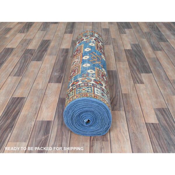 3'x24'5" Denim Blue, Natural Dyes Densely Woven, Pure Wool Hand Knotted, Afghan Super Kazak with Serrated Medallions, XL Runner Oriental Rug  - 82606 - Image 6