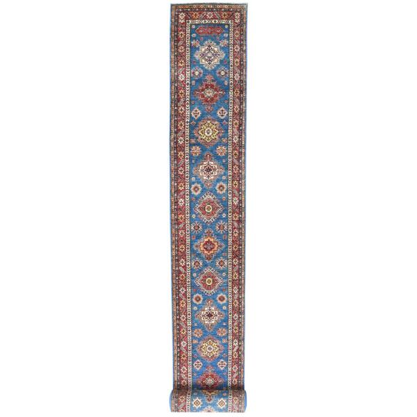 2'6"x33'7" Denim Blue, Hand Knotted Afghan Super Kazak with Large Medallions, Natural Dyes Densely Woven, Extra Soft Wool, XL Runner Oriental Rug  - 82608