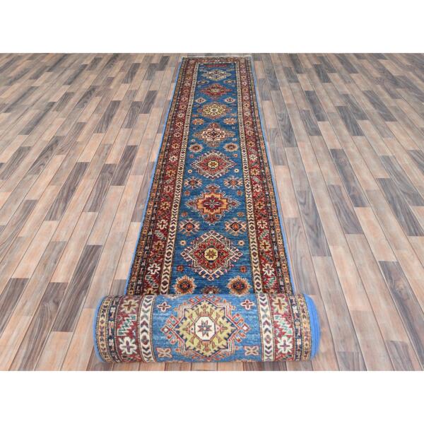 2'6"x33'7" Denim Blue, Hand Knotted Afghan Super Kazak with Large Medallions, Natural Dyes Densely Woven, Extra Soft Wool, XL Runner Oriental Rug  - 82608 - Image 3