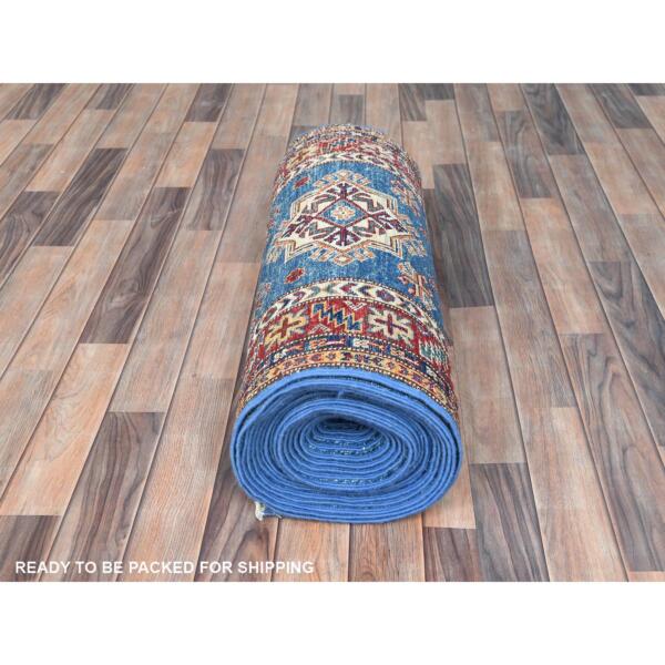 2'6"x33'7" Denim Blue, Hand Knotted Afghan Super Kazak with Large Medallions, Natural Dyes Densely Woven, Extra Soft Wool, XL Runner Oriental Rug  - 82608 - Image 6