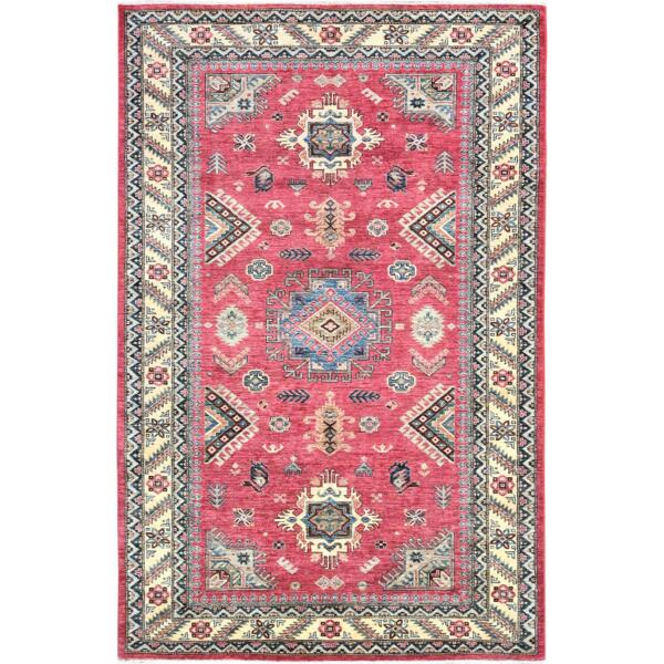 6'x9'1" Rouge Pink, Natural Dyes Densely Woven, Organic Wool Hand Knotted, Afghan Super Kazak with Large Medallion, Oriental Rug  - 82644