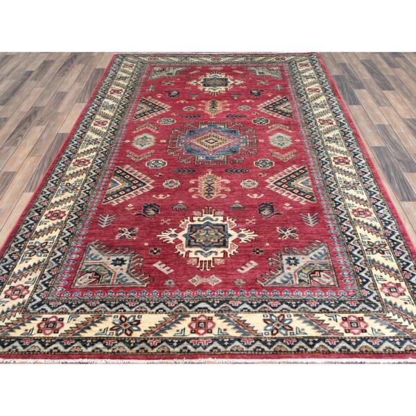 6'x9'1" Rouge Pink, Natural Dyes Densely Woven, Organic Wool Hand Knotted, Afghan Super Kazak with Large Medallion, Oriental Rug  - 82644 - Image 4