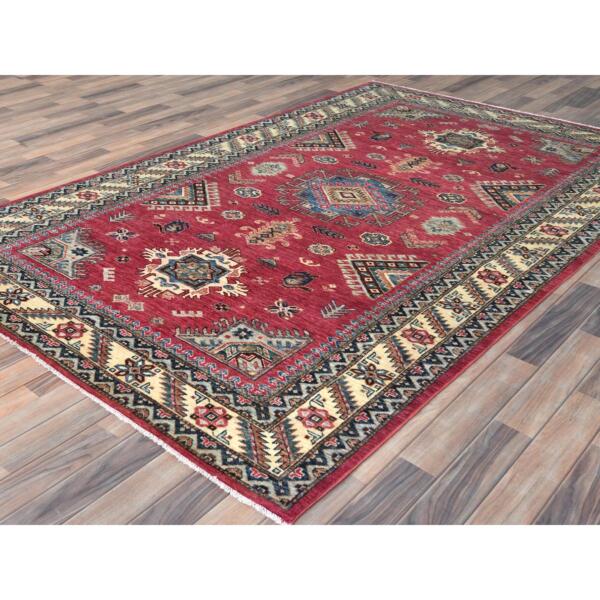 6'x9'1" Rouge Pink, Natural Dyes Densely Woven, Organic Wool Hand Knotted, Afghan Super Kazak with Large Medallion, Oriental Rug  - 82644 - Image 5