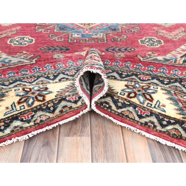 6'x9'1" Rouge Pink, Natural Dyes Densely Woven, Organic Wool Hand Knotted, Afghan Super Kazak with Large Medallion, Oriental Rug  - 82644 - Image 7