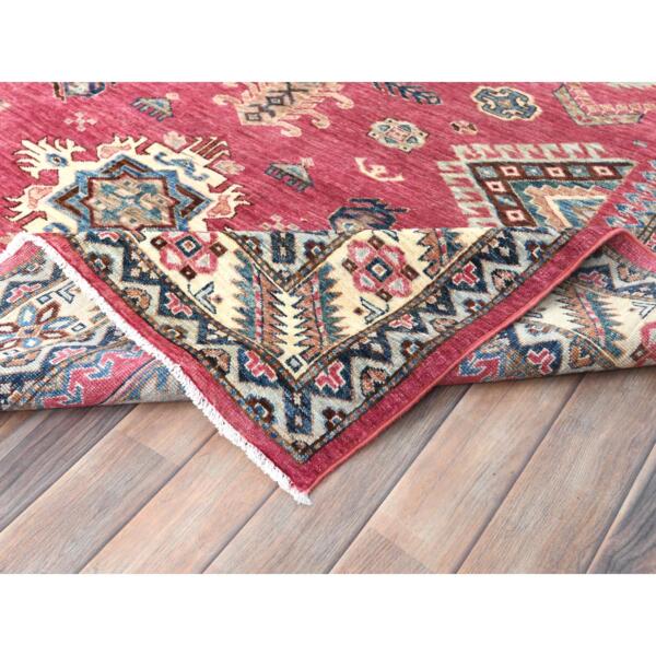 6'x9'1" Rouge Pink, Natural Dyes Densely Woven, Organic Wool Hand Knotted, Afghan Super Kazak with Large Medallion, Oriental Rug  - 82644 - Image 8