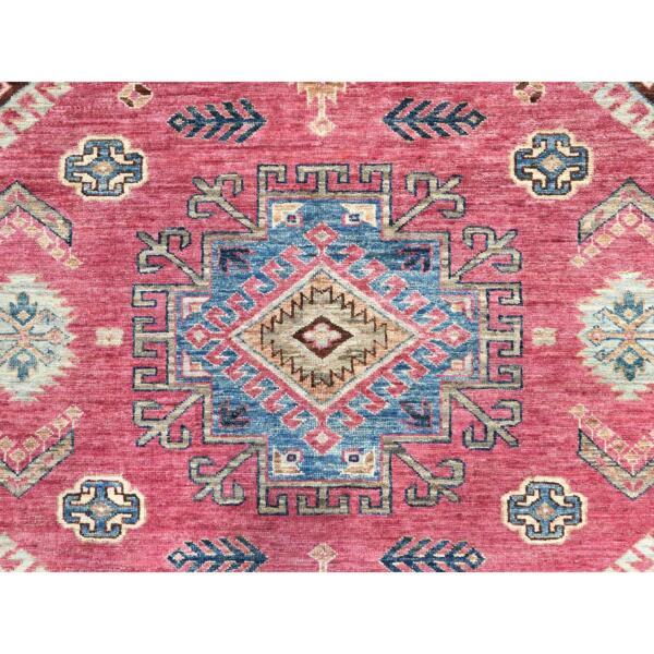 6'x9'1" Rouge Pink, Natural Dyes Densely Woven, Organic Wool Hand Knotted, Afghan Super Kazak with Large Medallion, Oriental Rug  - 82644 - Image 10