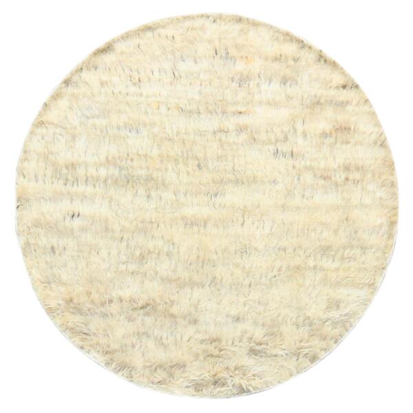 6'x6' Beige, Hand Knotted Shaggy Moroccan, Exotic Texture Undyed Natural Wool, Round Oriental Rug  - 82659