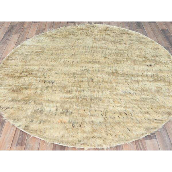 6'x6' Beige, Hand Knotted Shaggy Moroccan, Exotic Texture Undyed Natural Wool, Round Oriental Rug  - 82659 - Image 4