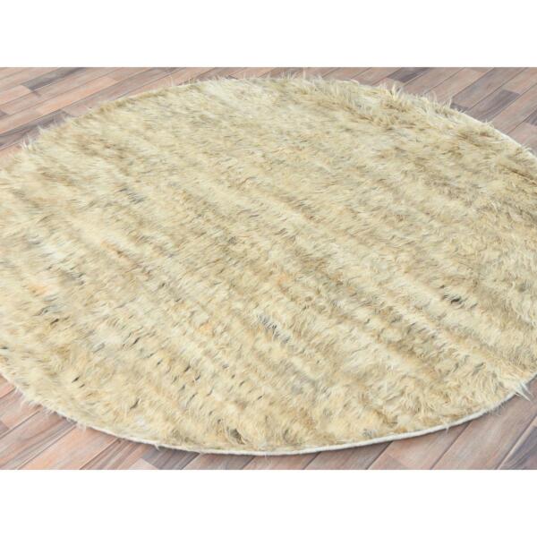 6'x6' Beige, Hand Knotted Shaggy Moroccan, Exotic Texture Undyed Natural Wool, Round Oriental Rug  - 82659 - Image 5