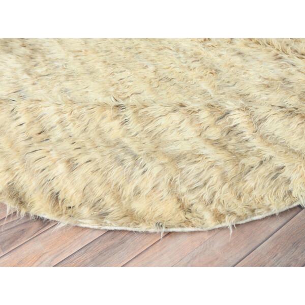 6'x6' Beige, Hand Knotted Shaggy Moroccan, Exotic Texture Undyed Natural Wool, Round Oriental Rug  - 82659 - Image 7